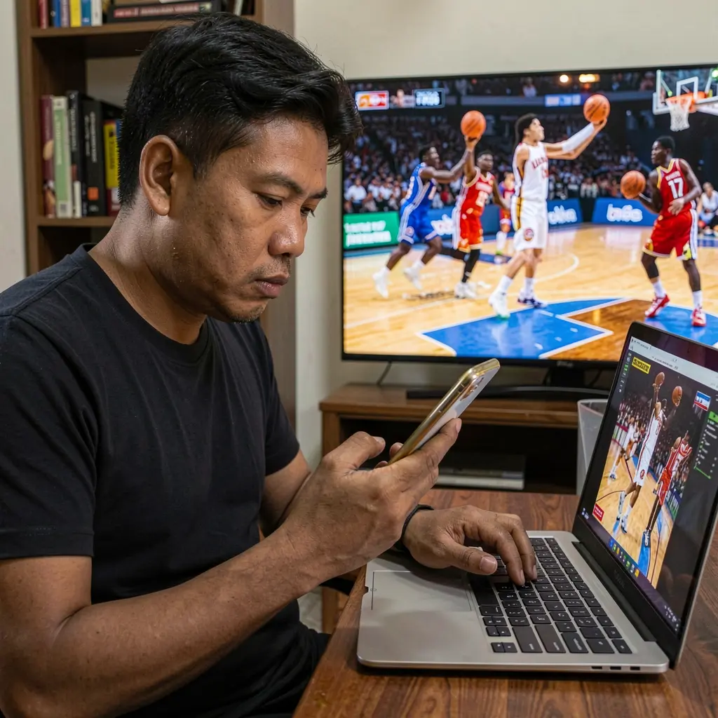 Focused Filipino sports bettor using a laptop and smartphone at home while watching basketball highlights, placing bets with K588 in the Philippines