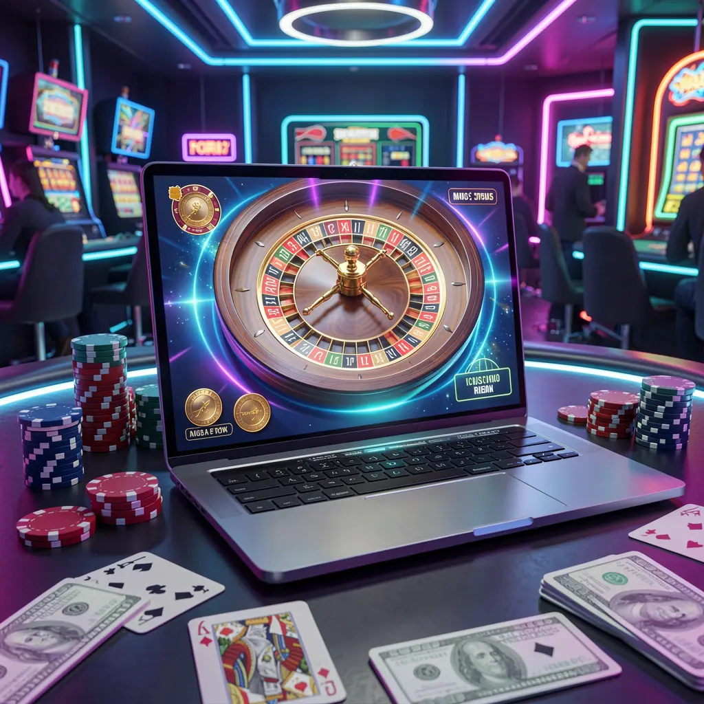 Futuristic online roulette scene on a laptop with stacked chips and glowing casino visuals highlighting the high energy gaming style of K588 casino in the Philippines